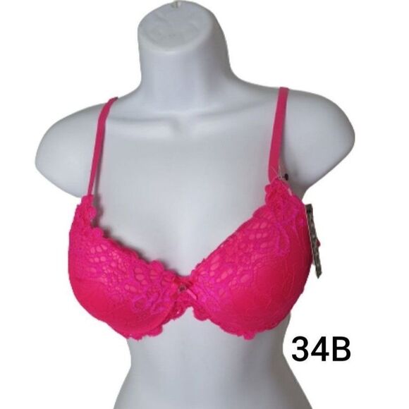 Women's Push Up Bra 34B Hot Pink Extreme Lace Full Coverage Push Up 34B NWT - Picture 1 of 9